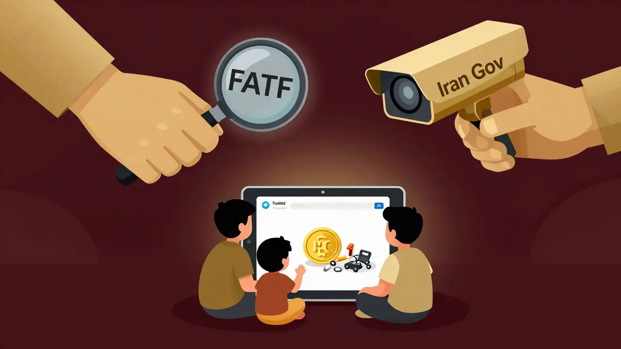 Une famille iranienne reçoit des médicaments grâce à un portefeuille crypto, surveillée par deux mains symboliques.