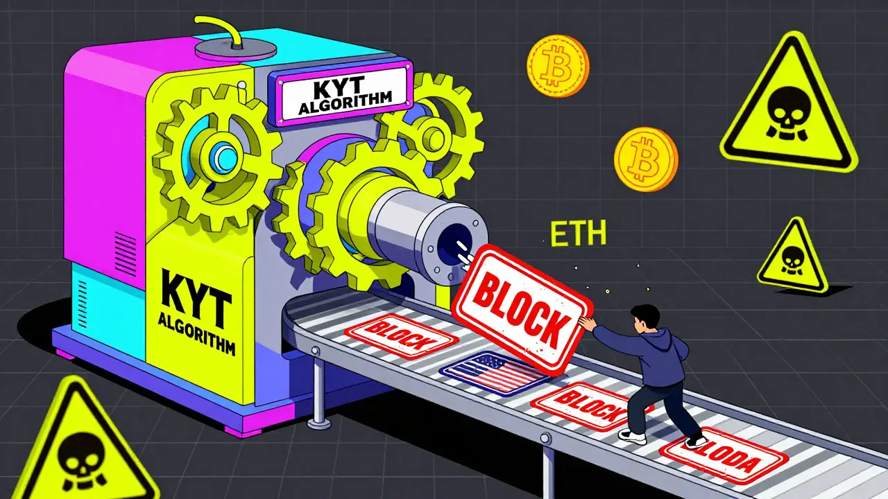 Une machine automatisée expédie des tampons 'BLOQUÉ' sur des comptes bancaires de plusieurs pays, entourée de symboles crypto et de signaux d'alerte.