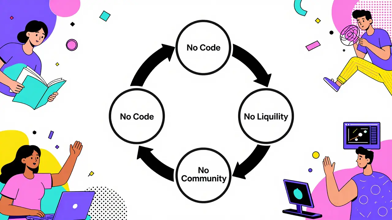 Une roue cassée sans fonctionnalités entourée de communautés crypto actives, en style Memphis Design.