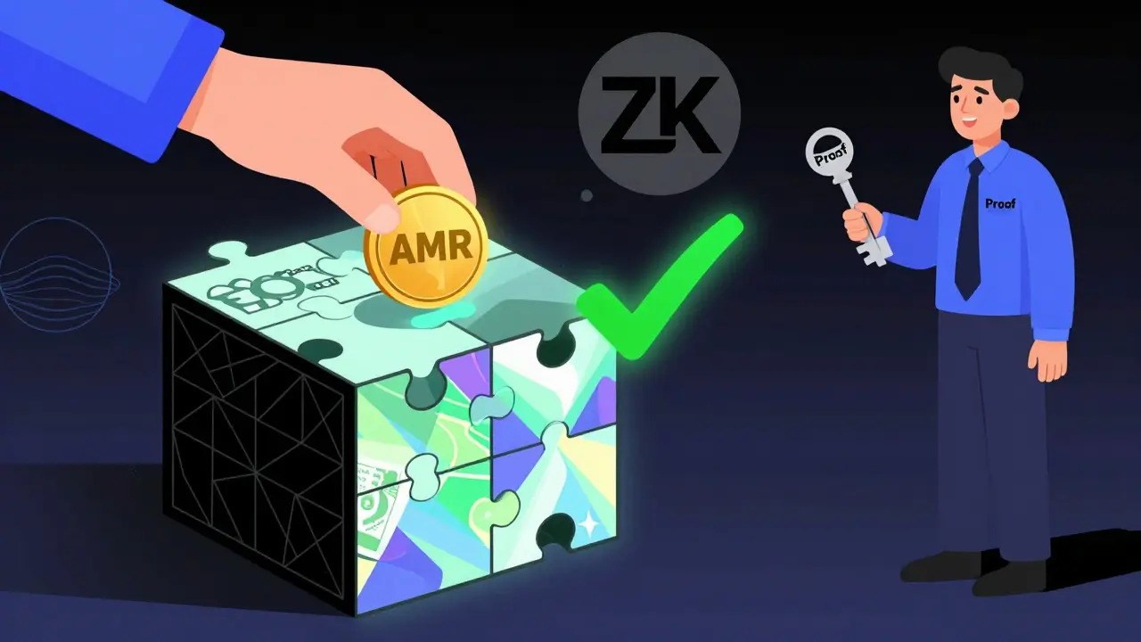 Une transaction ZK-proof où un jeton AMR est vérifié sans révéler les montants, avec un auditeur externe.