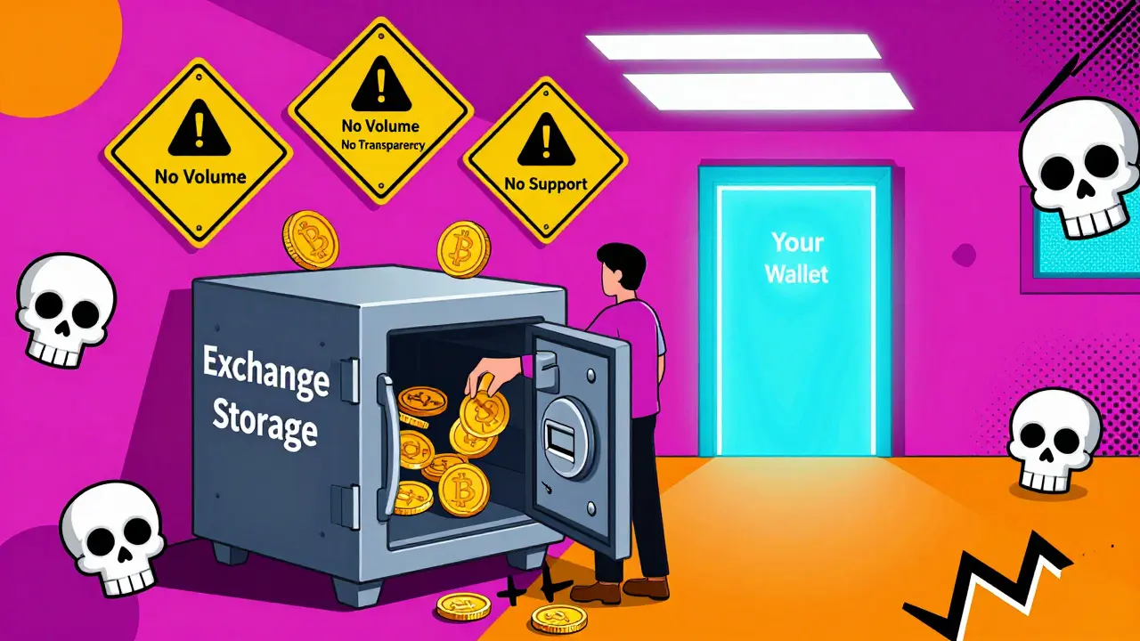 Utilisateur face à trois avertissements crypto tandis qu'une porte vers son portefeuille personnel s'ouvre en style Memphis.