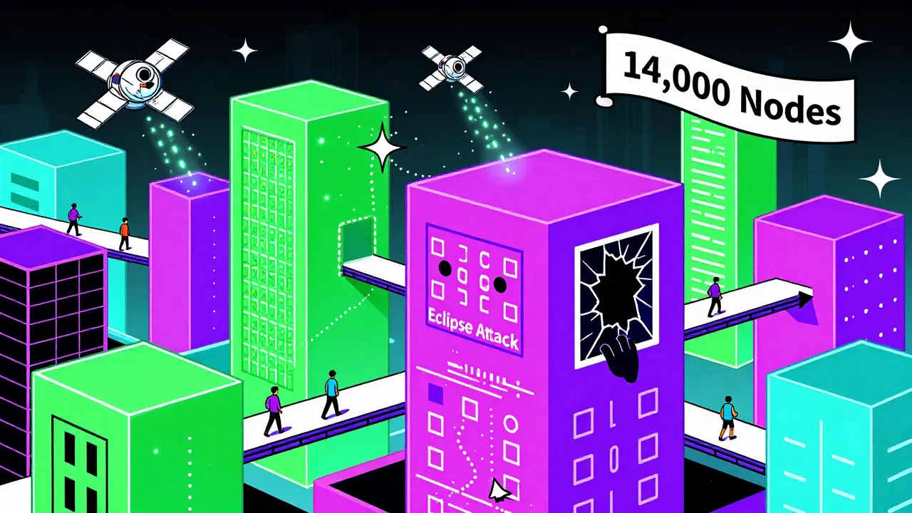 Ville futuriste composée de blocs blockchain, avec des figures marchant sur des flèches de transactions et un satellite au-dessus.