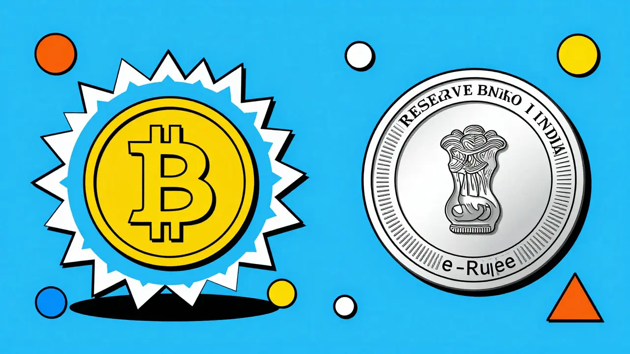 Comparaison style Memphis entre le Bitcoin décentralisé et la e-Rupee officielle de l'Inde.