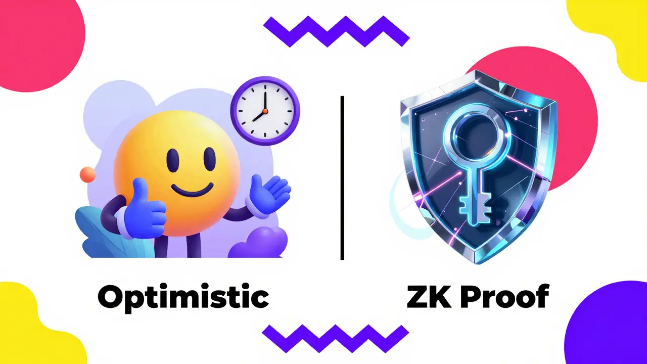 Comparaison style Memphis entre un personnage optimiste et un bouclier cryptographique ZK.