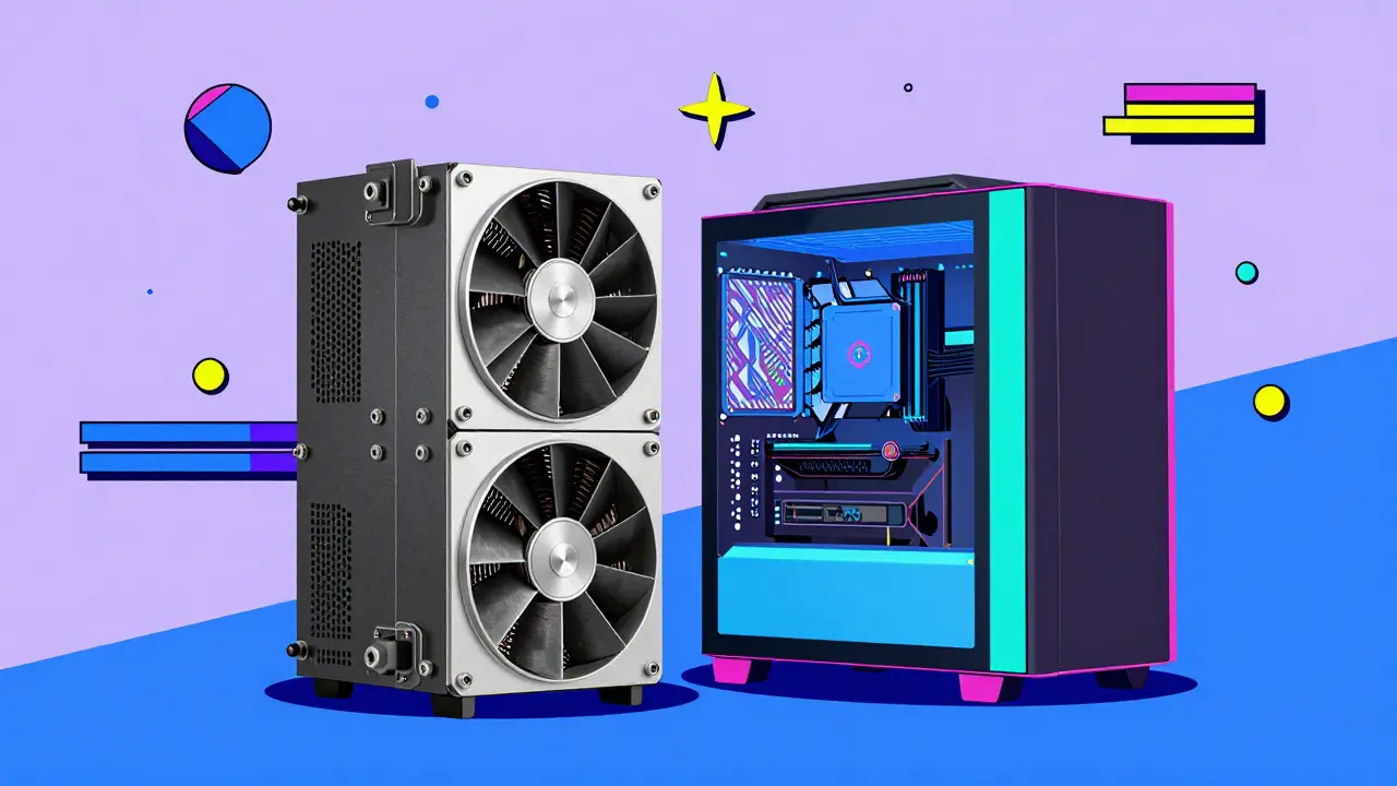 Comparaison style Memphis entre une machine ASIC industrielle et un ordinateur personnel.