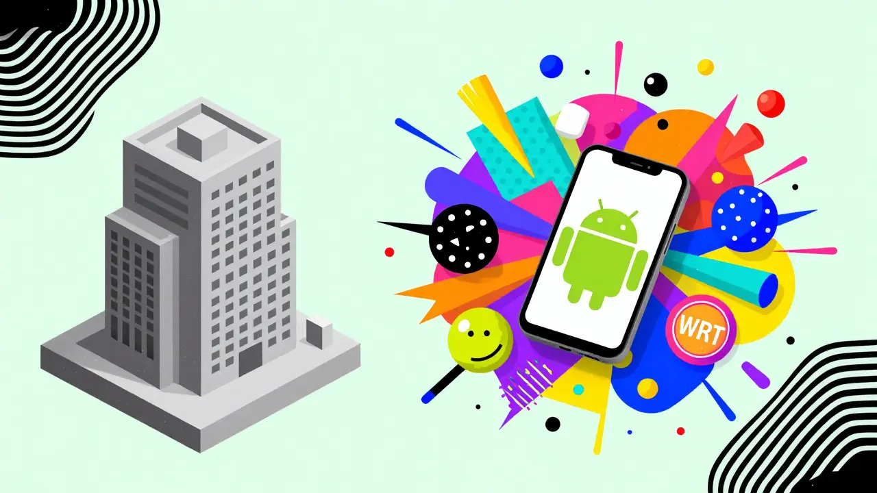 Comparaison visuelle style Memphis entre la finance centralisée et la liberté de la DeFi.