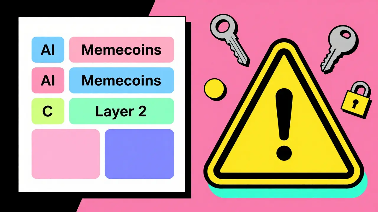 Composition Memphis montrant des catégories de cryptos et un symbole de prudence.