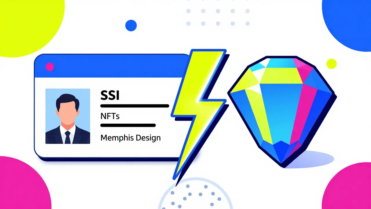 Composition Memphis montrant l'union entre une carte d'identité SSI et un jeton NFT géométrique.