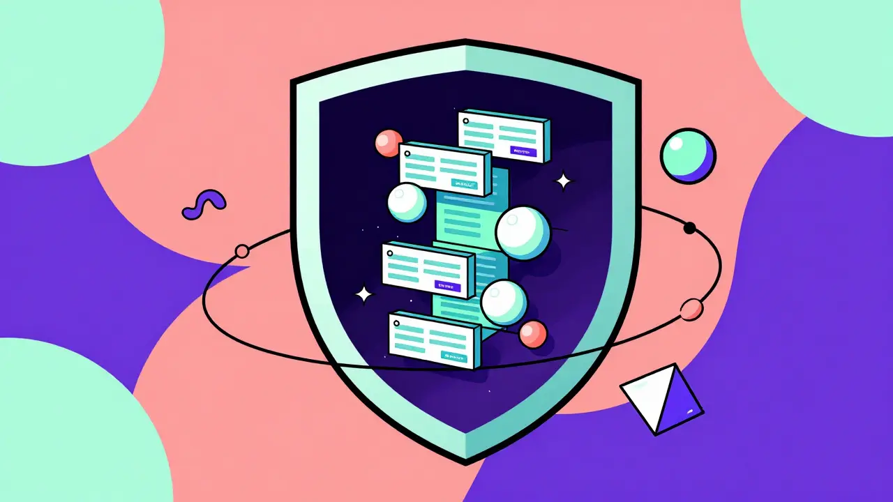 Concept abstrait style Memphis d'un bouclier protégeant des données cryptées pour la confidentialité.