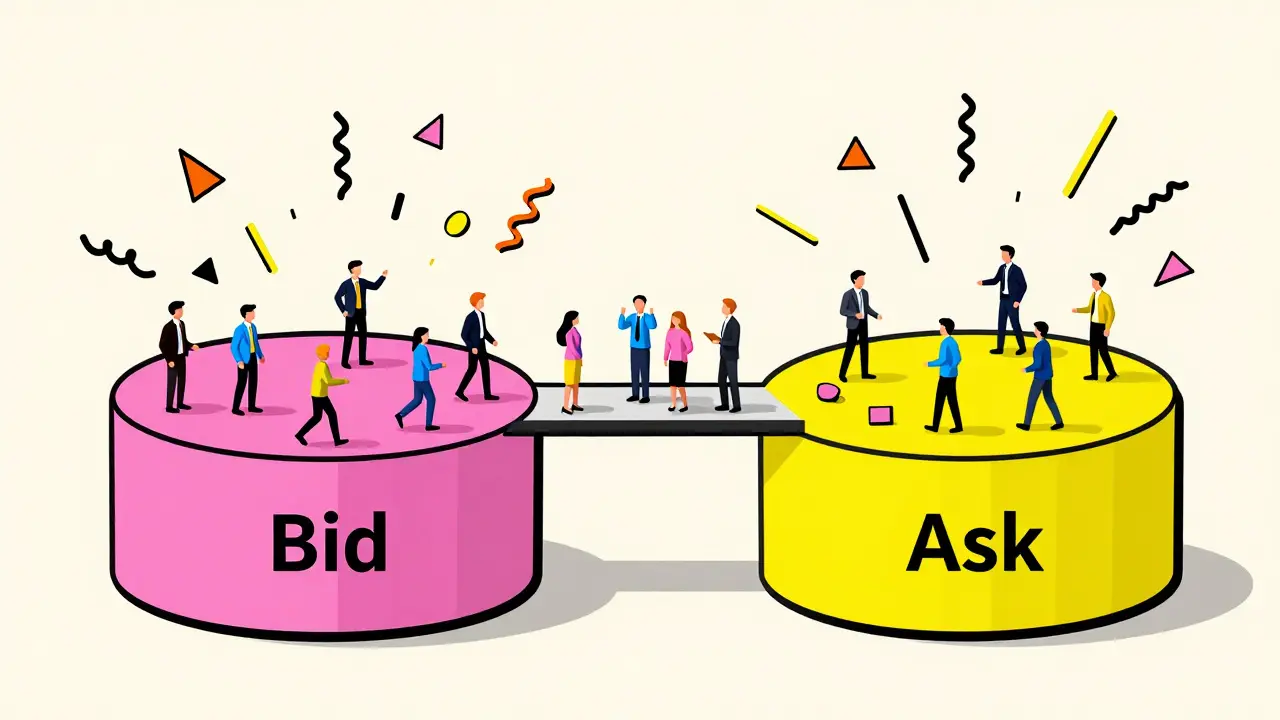 Concept graphique Memphis illustrant le spread bid-ask et le flux de liquidité du marché.