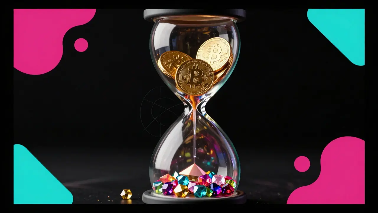 Concept visuel style Memphis d'un sablier transformant des récompenses de bloc en frais de transaction.