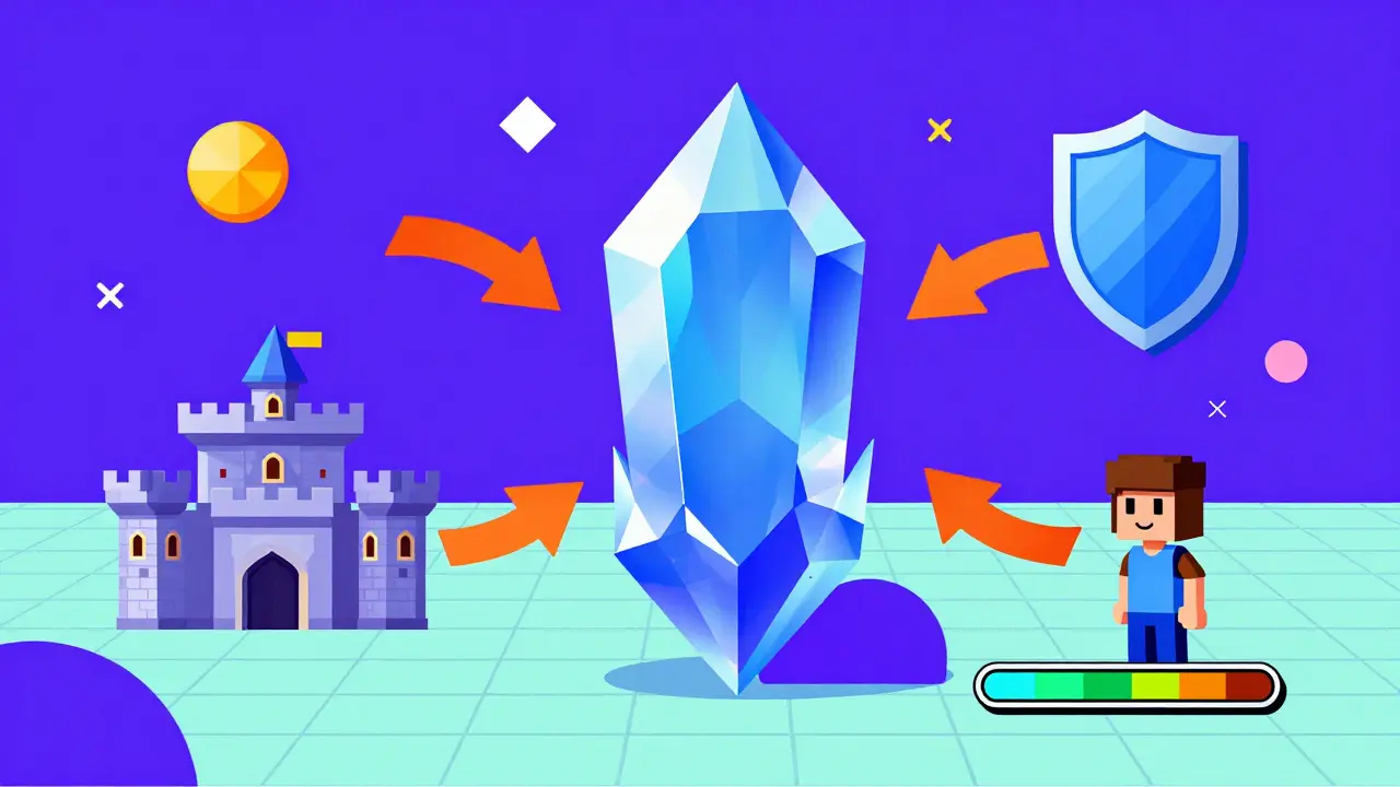 Concept visuel style Memphis montrant l'utilité d'un jeton dans une économie de jeu virtuel.