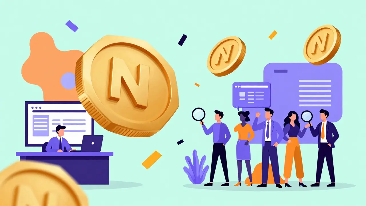 Échange de jetons NCT entre entreprises et analystes dans un style graphique coloré.