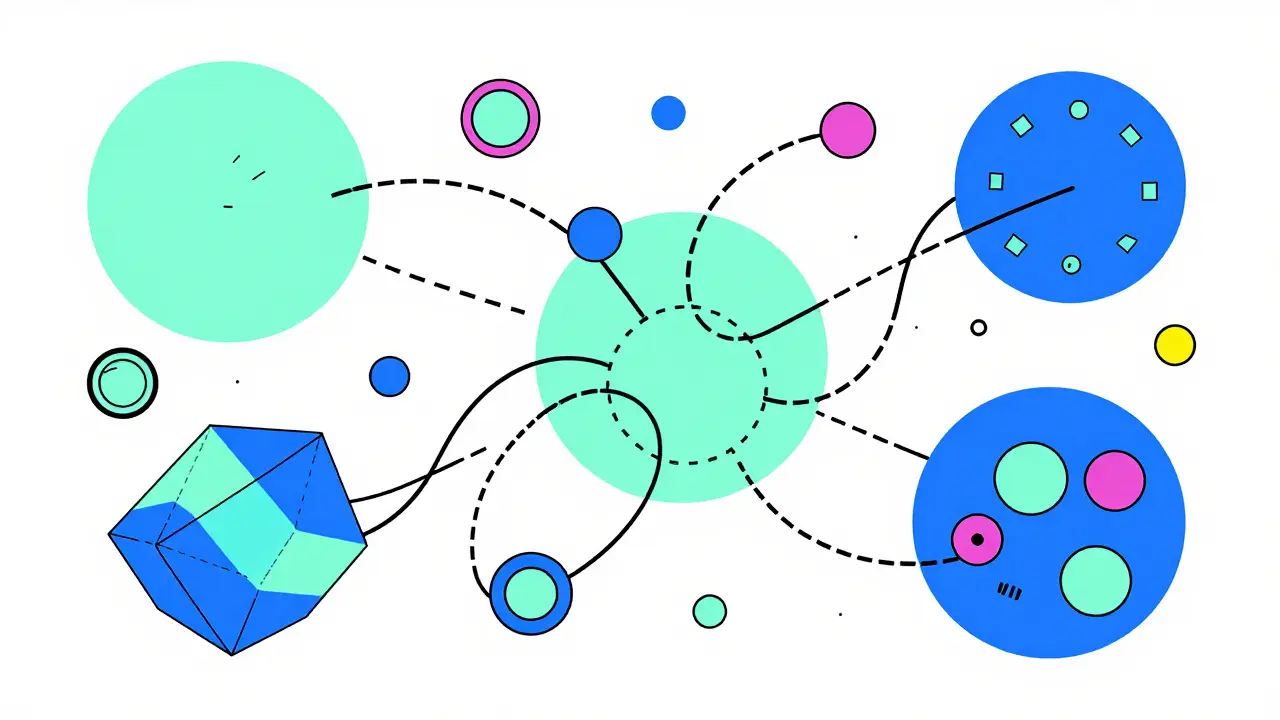 Graphique abstrait style Memphis montrant des nœuds de blockchain et des flux de fonds connectés.