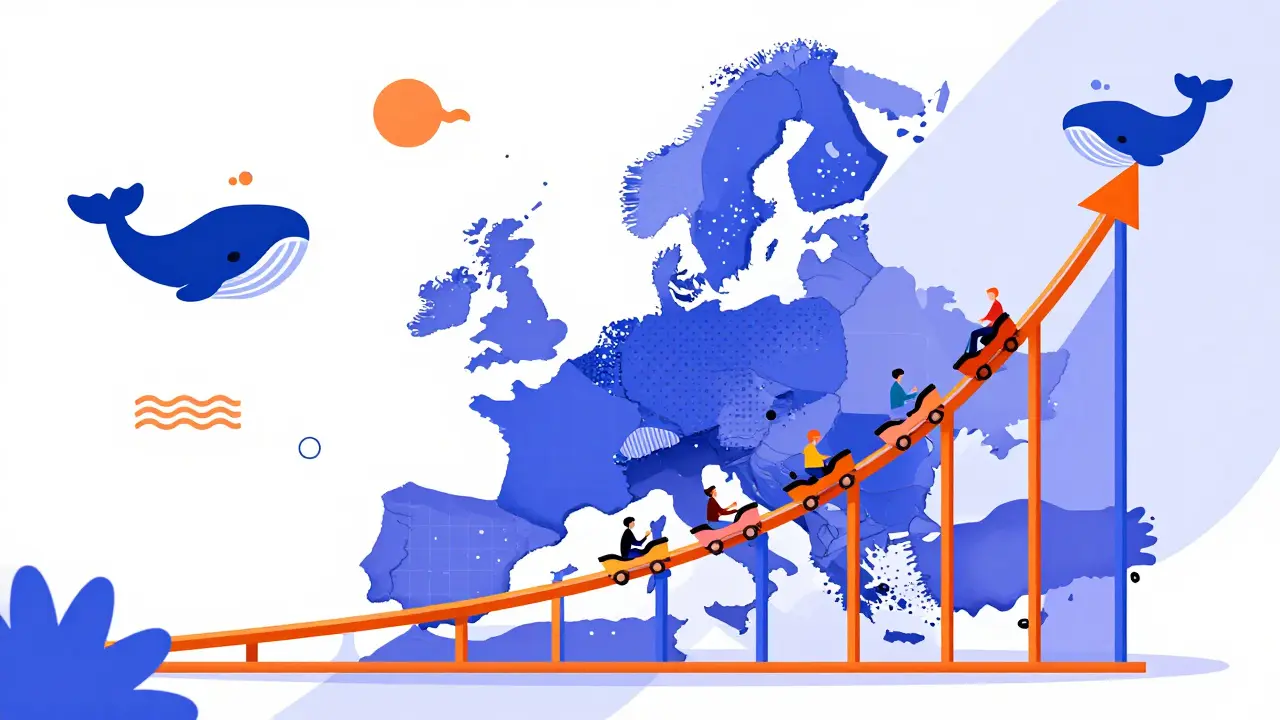 Graphique en forme de montagnes russes et carte de l'Europe colorée style Memphis.