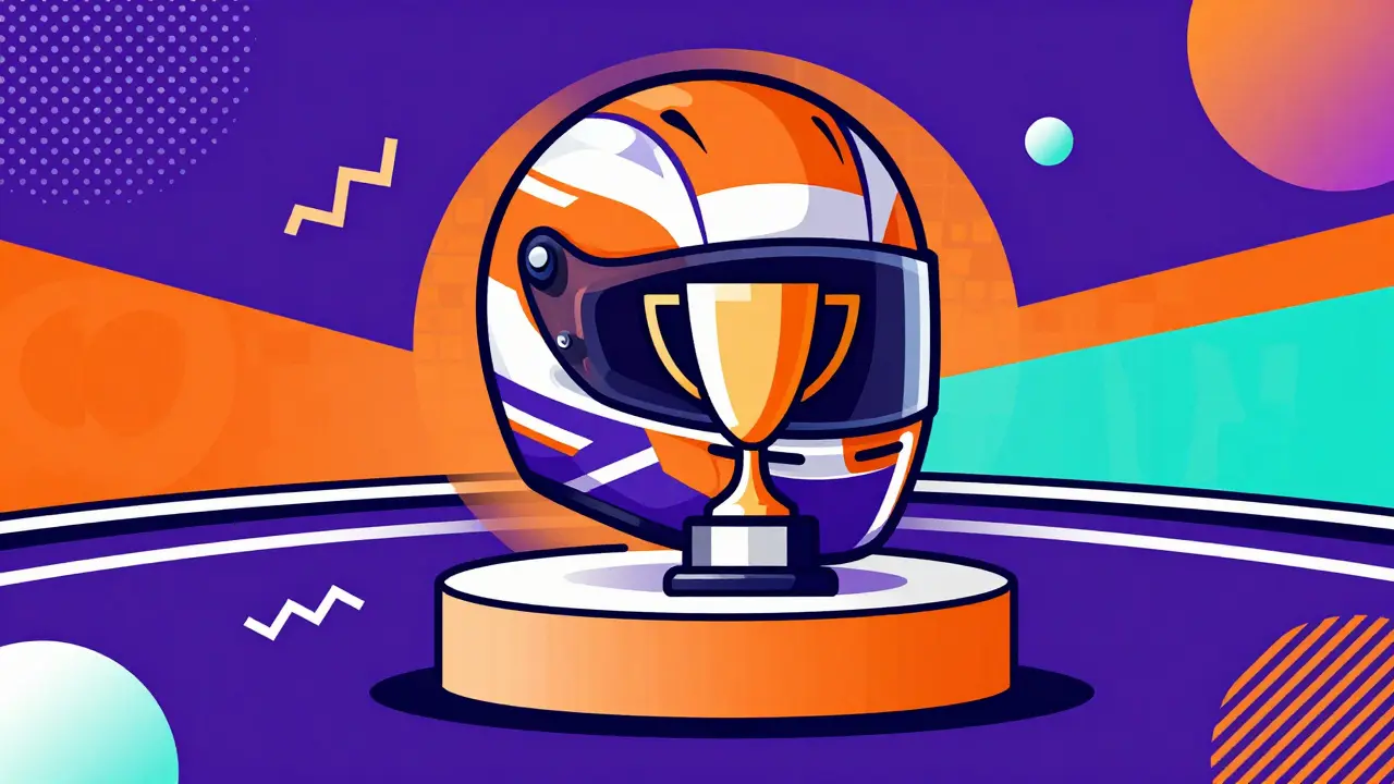 Illustration Memphis d'un casque de course et d'un trophée symbolisant les récompenses.