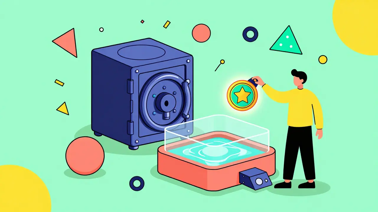 Illustration Memphis d'un coffre-fort DeFi et du processus de staking de jetons veVNX.