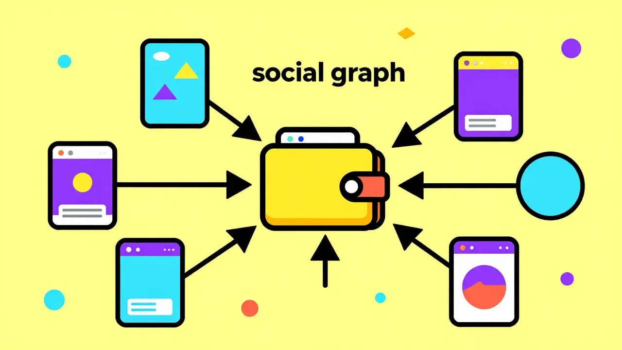 Illustration Memphis Design d'un portefeuille numérique connectant plusieurs réseaux sociaux décentralisés.