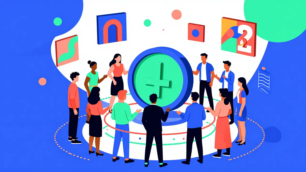 Illustration Memphis Design d'une communauté DAO votant avec des jetons et des NFTs colorés.