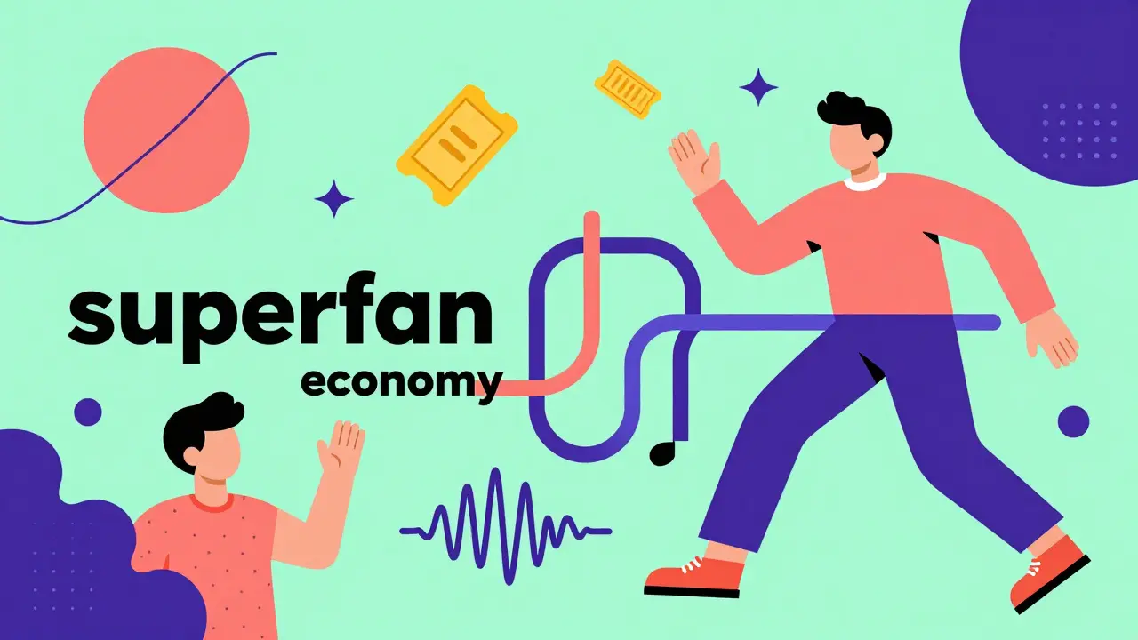 Illustration Memphis montrant la connexion entre un artiste et son superfan via des formes géométriques.