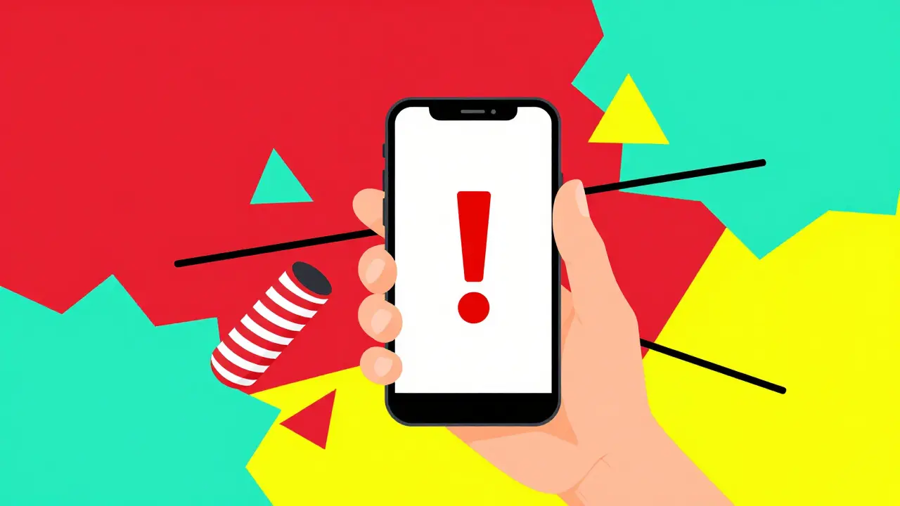 Illustration style Memphis alertant sur les arnaques et le phishing avec un smartphone et des formes géométriques.