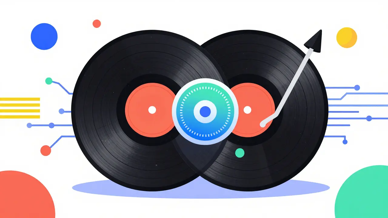 Illustration style Memphis d'un disque vinyle et d'un jeton numérique entrelacés.