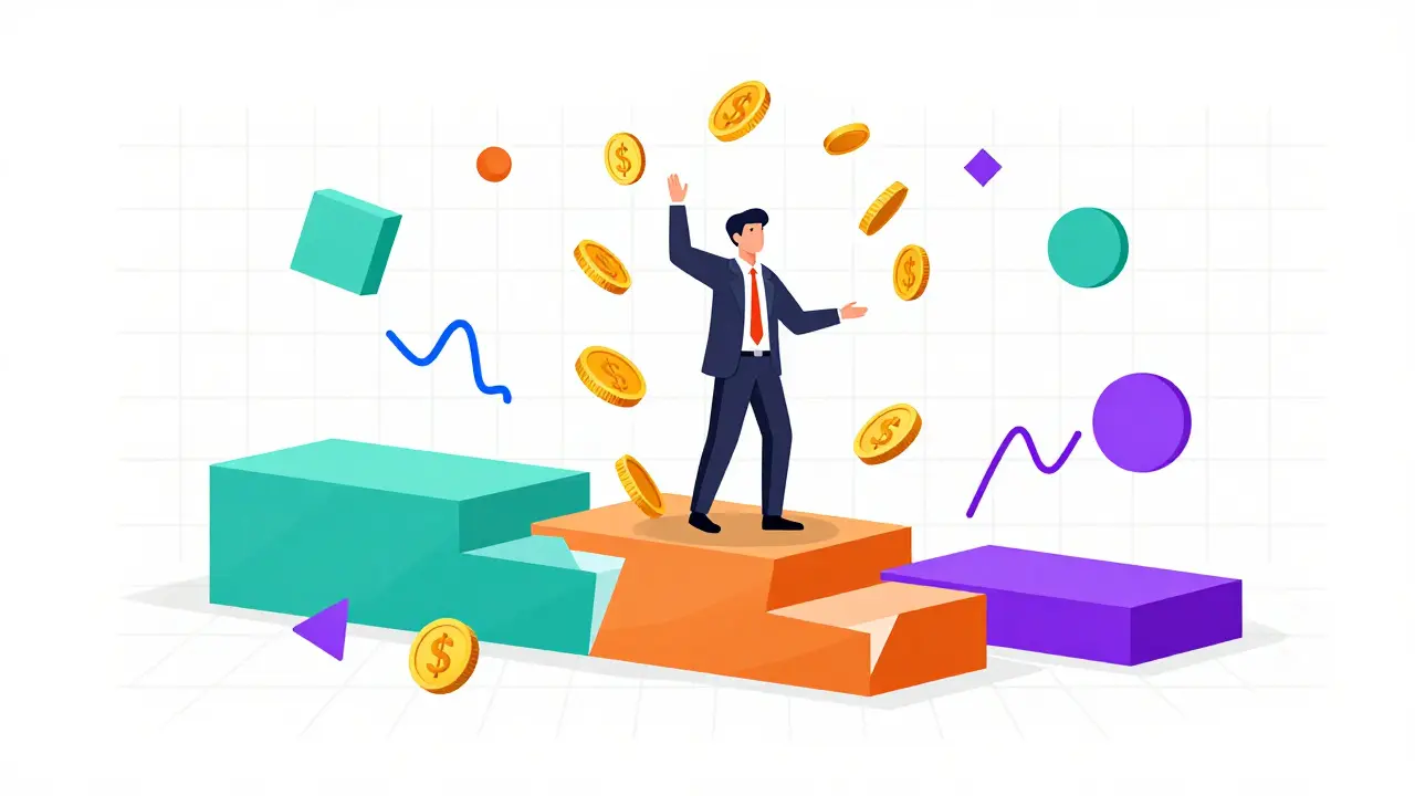 Illustration style Memphis d'un homme jonglant avec des pièces d'or sur des plateformes fragiles.