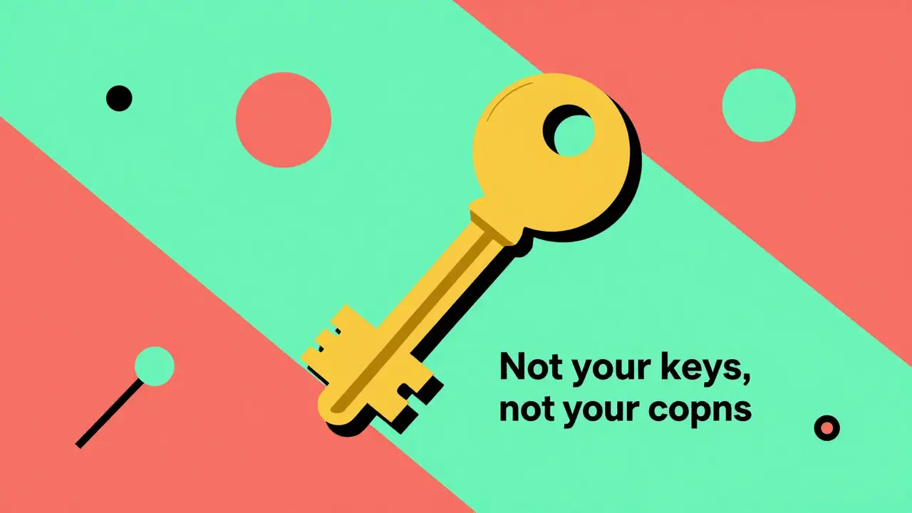 Illustration style Memphis d'une clé dorée entourée de formes géométriques colorées.