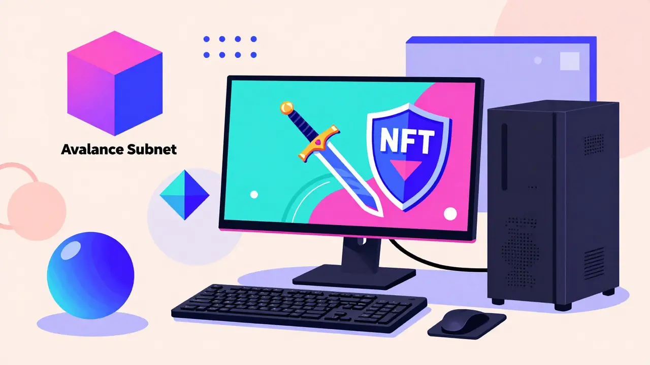 Installation gaming Web3 avec NFT et blockchain style Memphis.