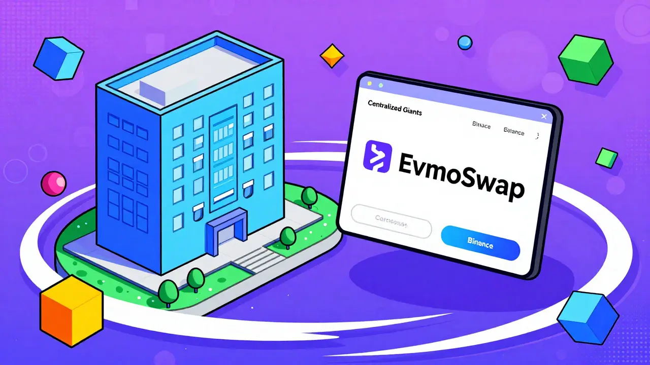 Interface d'échange décentralisée stylisée entourée de formes géométriques colorées style Memphis.