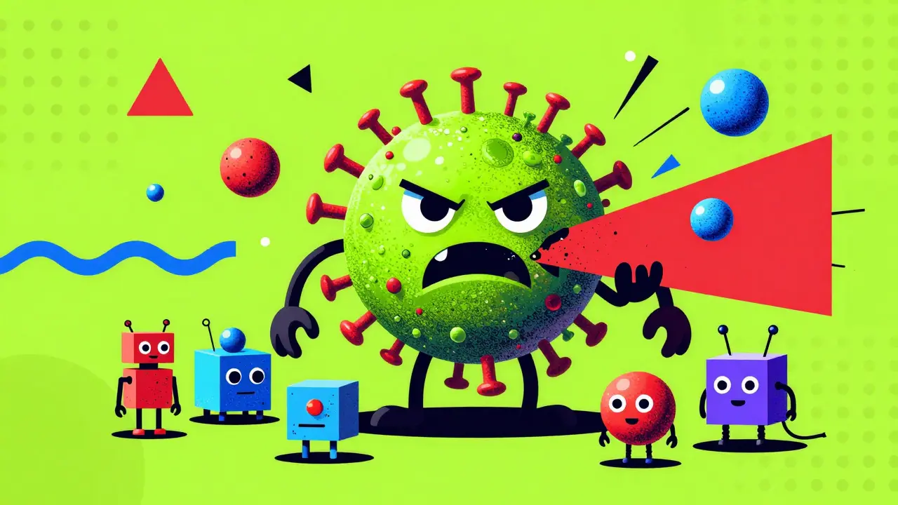 Micro-moteurs de détection neutralisant un virus informatique en style illustration Memphis.