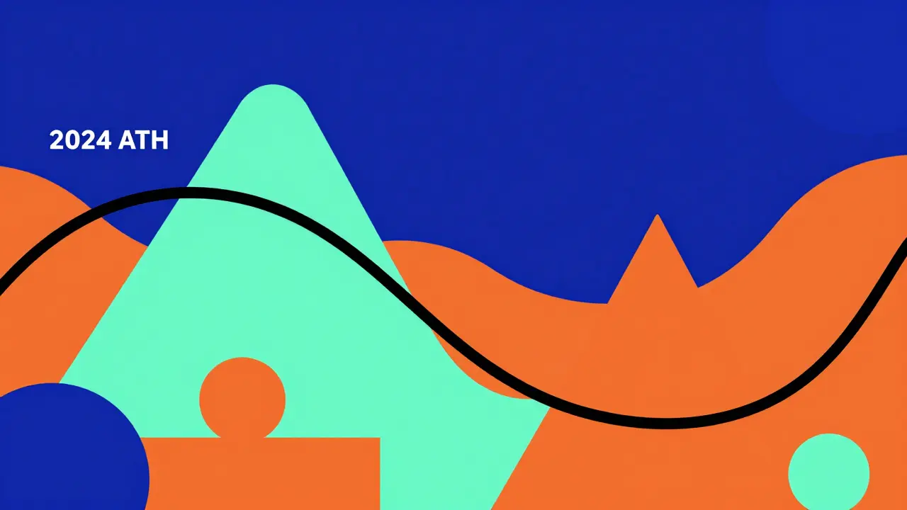 Montagnes russes géométriques colorées symbolisant la volatilité du prix du jeton MAN.