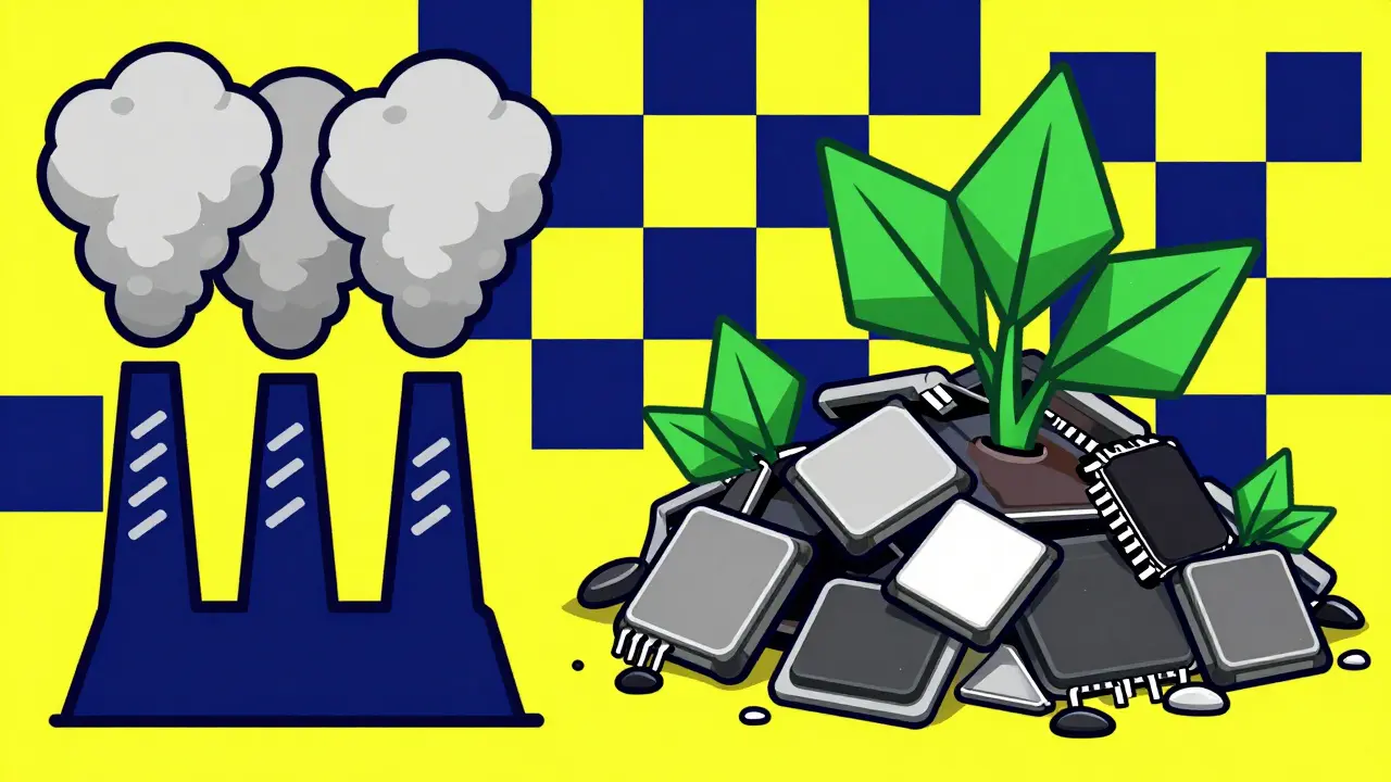 Monticule de déchets électroniques face à la pollution visuelle stylisée.