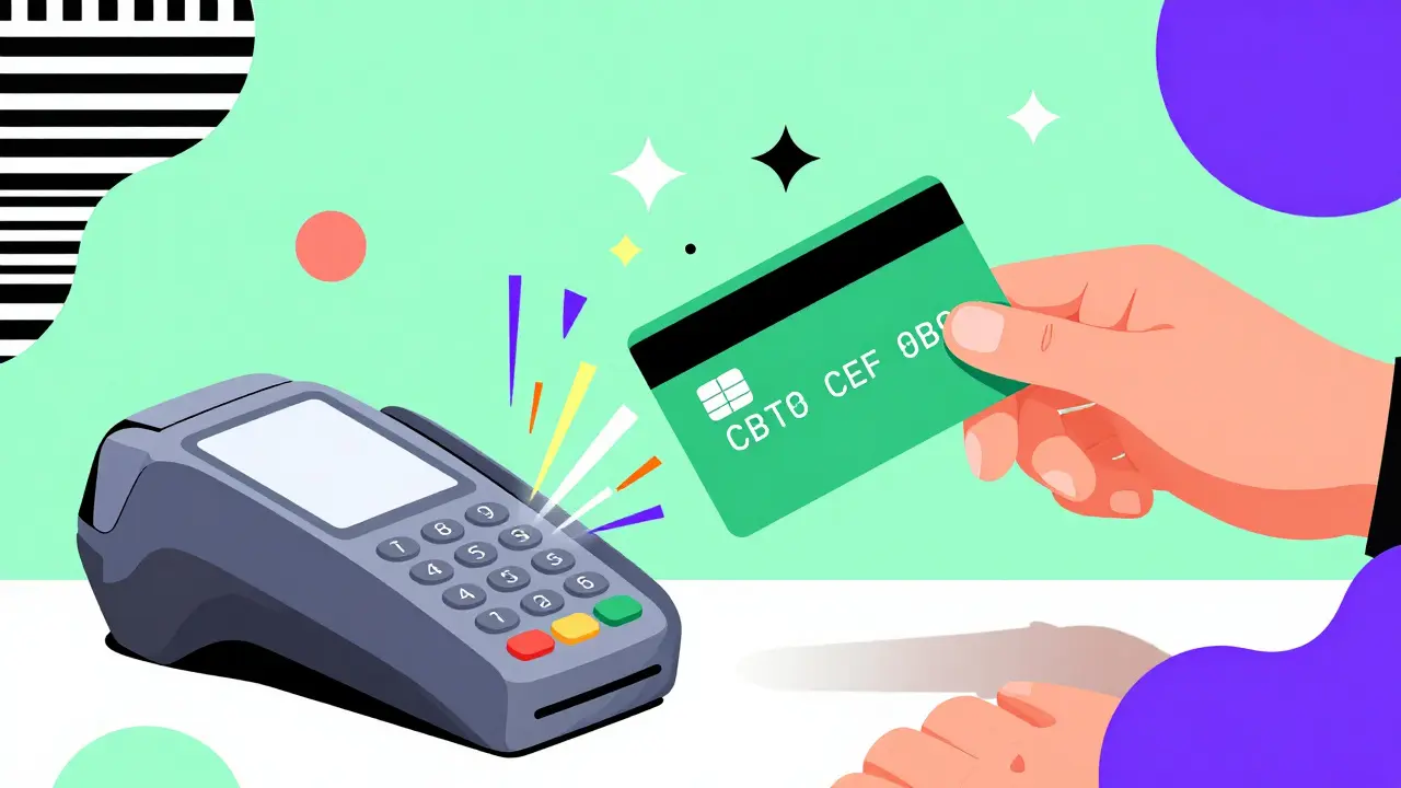 Paiement avec une carte crypto dans un café, entouré d'éléments graphiques colorés style Memphis.