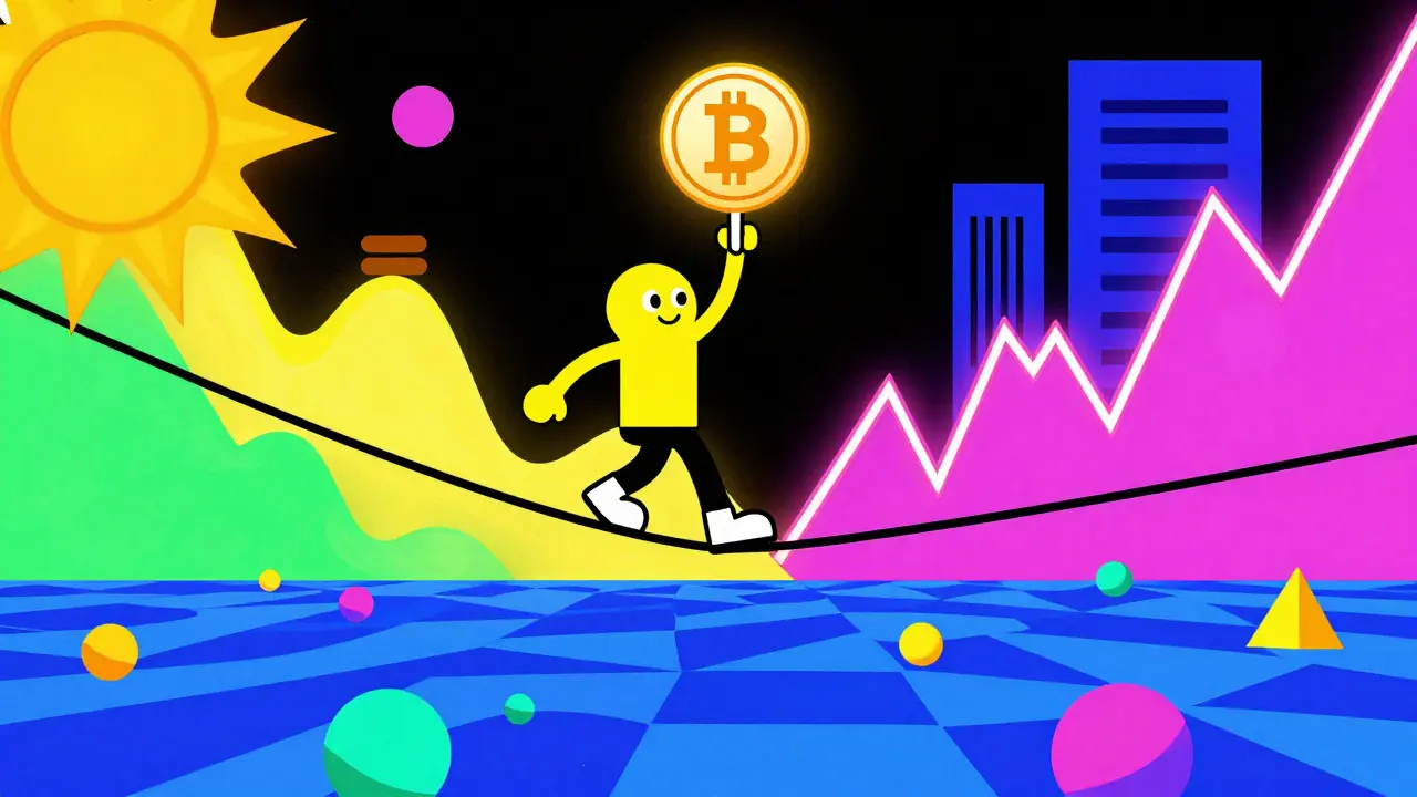 Personnage en équilibre sur un graphique de prix avec un jeton EVMOS dans un univers Memphis.