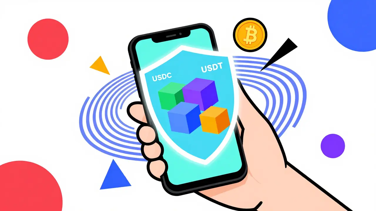 Personne utilisant un smartphone pour protéger son épargne avec des stablecoins dans un style Memphis.