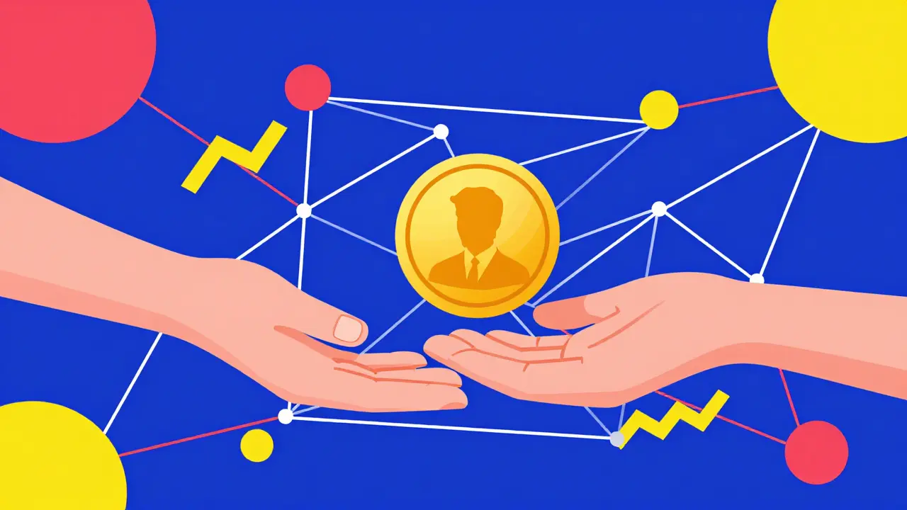 Pièce d'or stylisée circulant sur un réseau abstrait coloré représentant la blockchain TON.