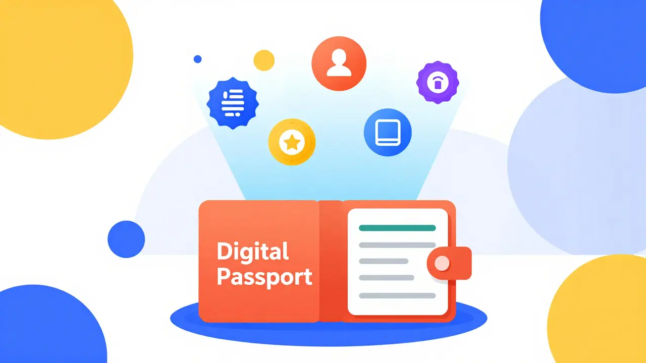 Portefeuille numérique projetant des badges de certification Soulbound Tokens en style Memphis.