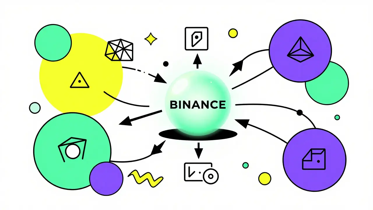Représentation abstraite et colorée d'un écosystème de trading sur la Binance Smart Chain.