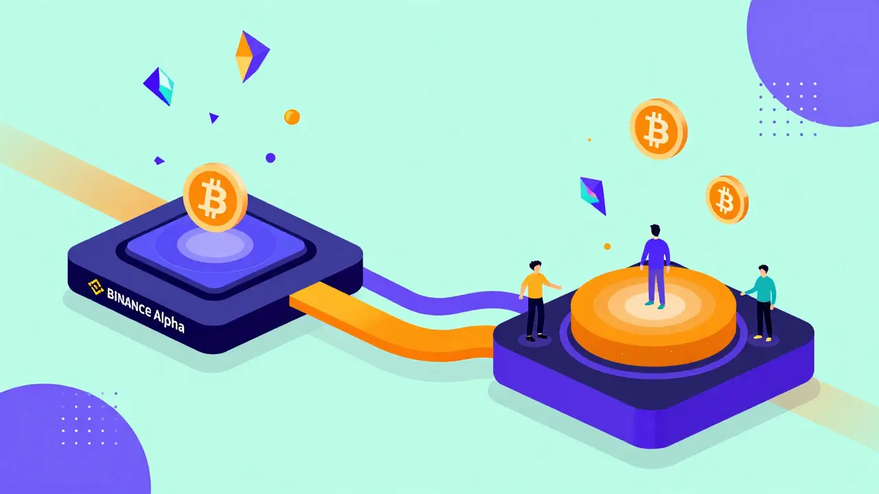 Représentation abstraite style Memphis d'un airdrop de jetons entre deux plateformes d'échange.