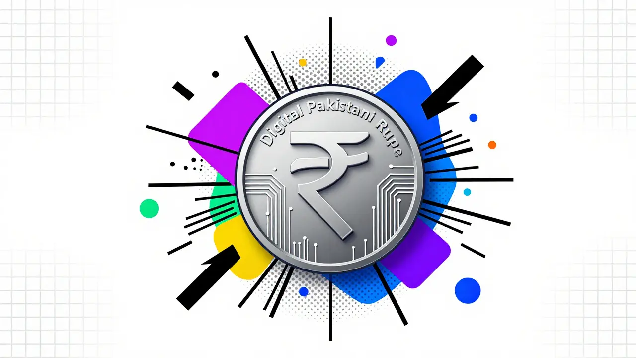 Représentation stylisée de la Roupie pakistanaise numérique avec des formes géométriques.