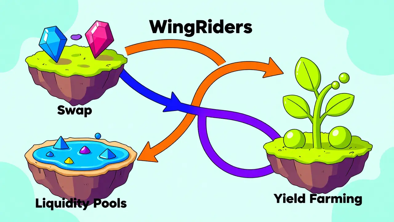 Représentation stylisée Memphis des fonctions de swap et de pools de liquidité de WingRiders.