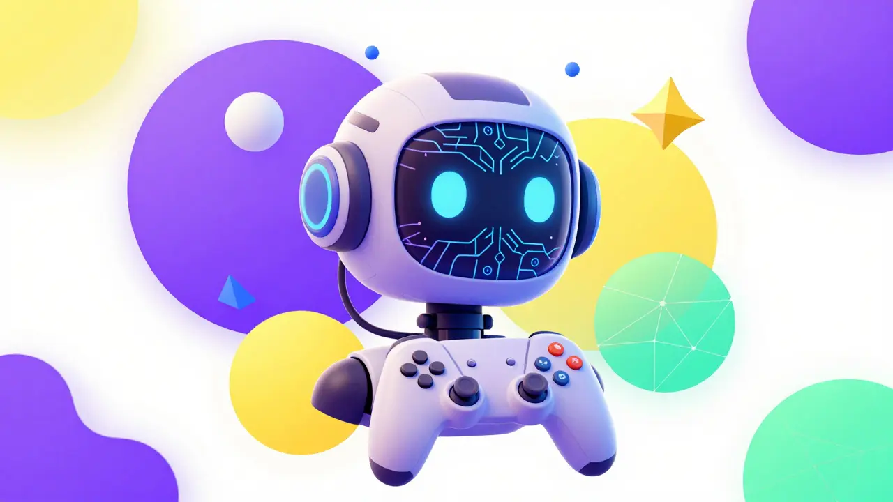 Robot IA et manettes de jeu dans un univers graphique Memphis.