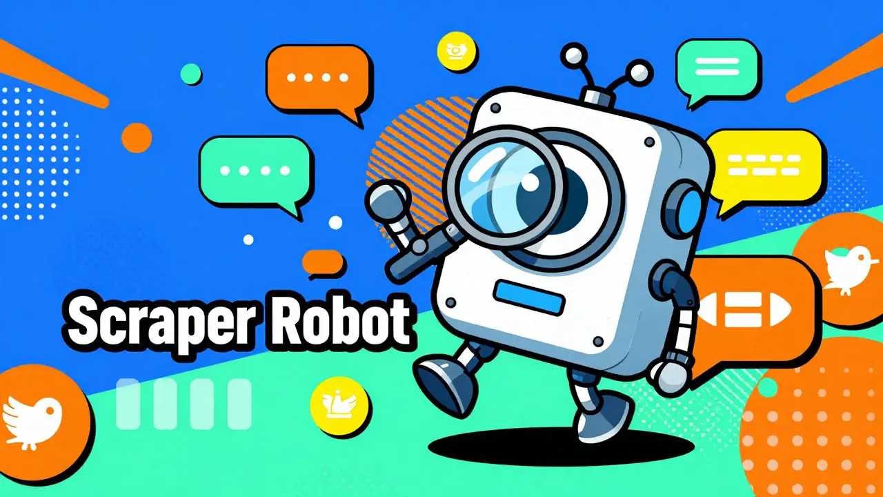 Robot stylisé analysant des bulles de réseaux sociaux dans un style Memphis vibrant.