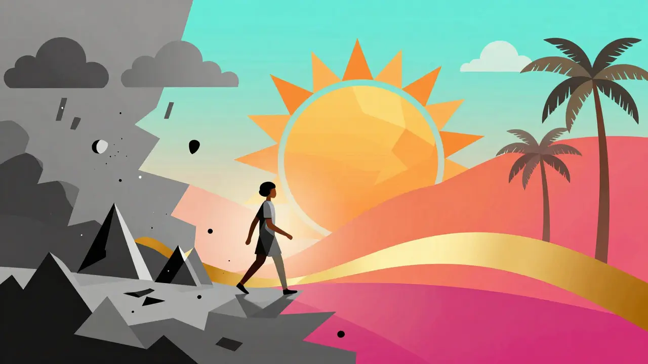 Transition visuelle style Memphis passant d'un chaos gris à un paysage solaire et optimiste.