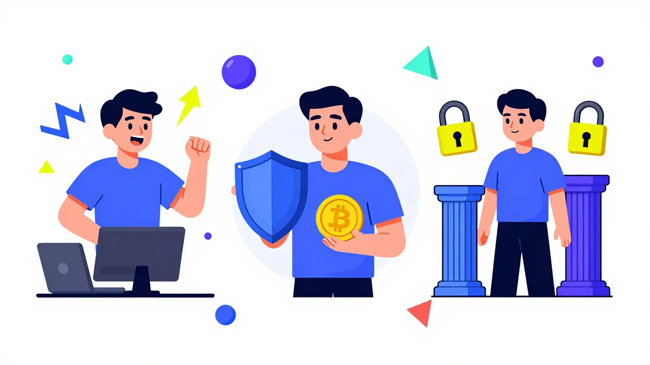 Trois types d'investisseurs crypto stylisés dans un univers graphique Memphis coloré.