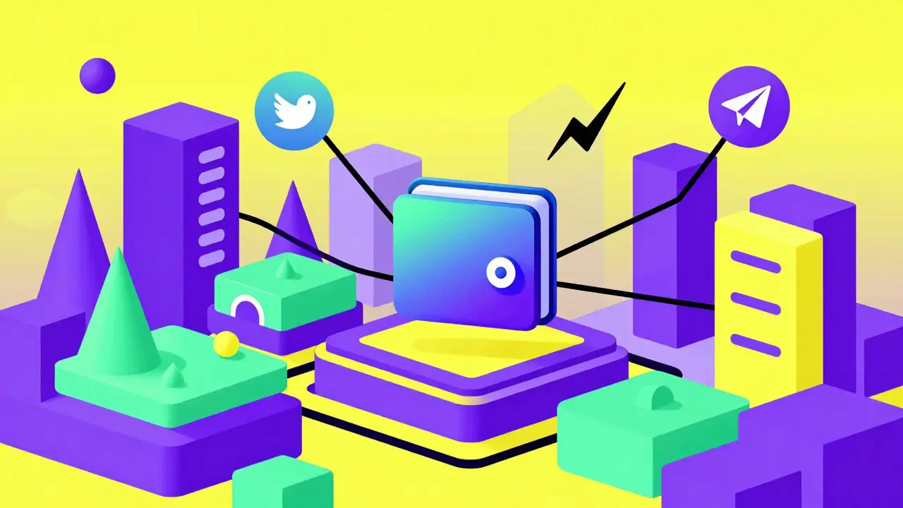 Ville virtuelle abstraite Cryptopolis avec des éléments de portefeuille numérique et réseaux sociaux.