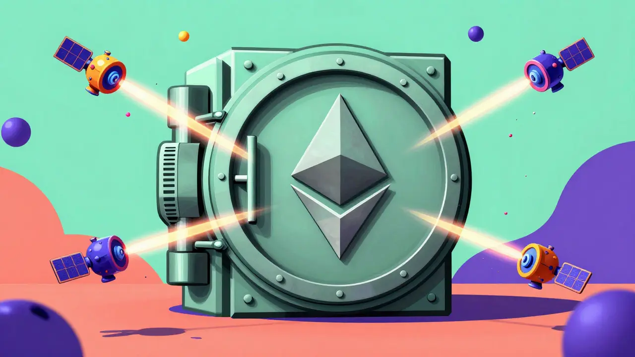 Vue d'ensemble style Memphis d'un coffre-fort central Ethereum relié à plusieurs satellites Rollups.