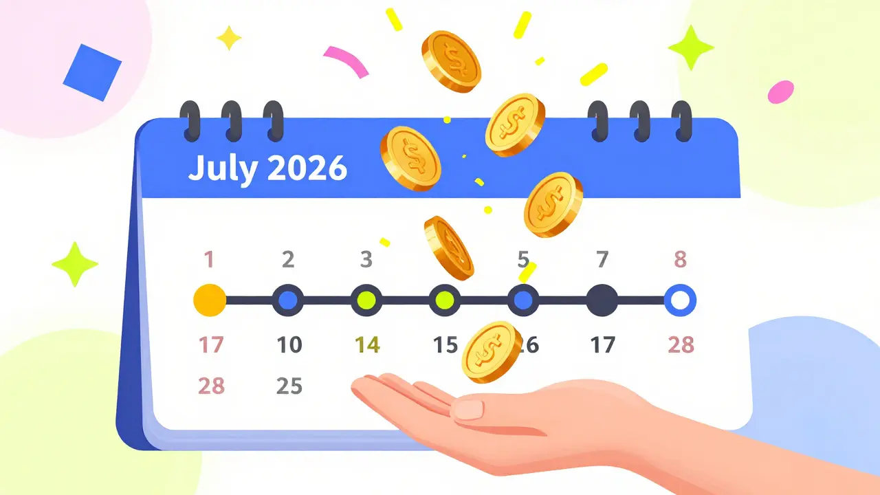 Distribution de tokens dorés tombant d'un calendrier stylisé en style Memphis