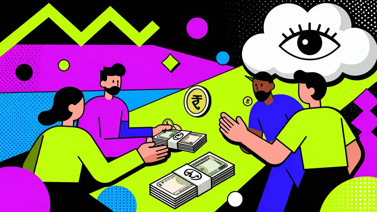 Échange clandestin de crypto en Taka avec motifs Memphis et œil vigilant